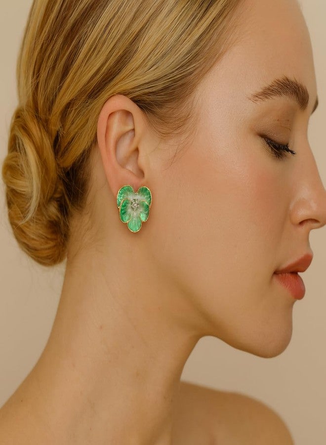 ZENCHEER Butterfly Orchid Clip On Earrings for Women, Dainty Trendy Flower Petal Dangle Drop Earrings Rhinestone Stud Earrings for Non Pierced Ears Jewelry Gift, Green - Image 3
